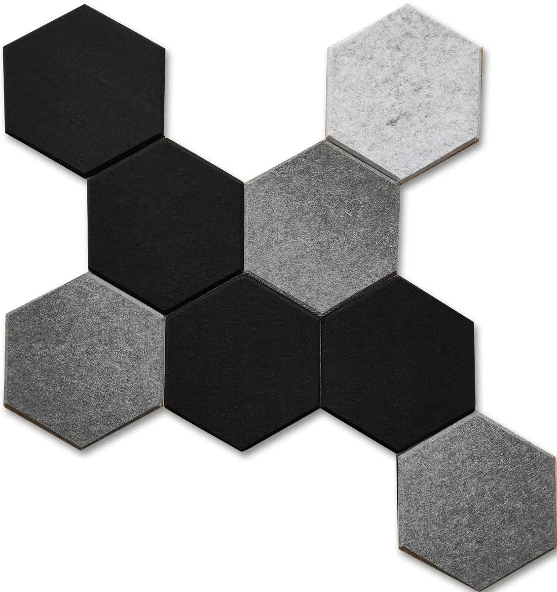 HEXA Acoustic 3D Felt PET Wall Panels set with grey colour on white background BLACK DecorMania.eu
